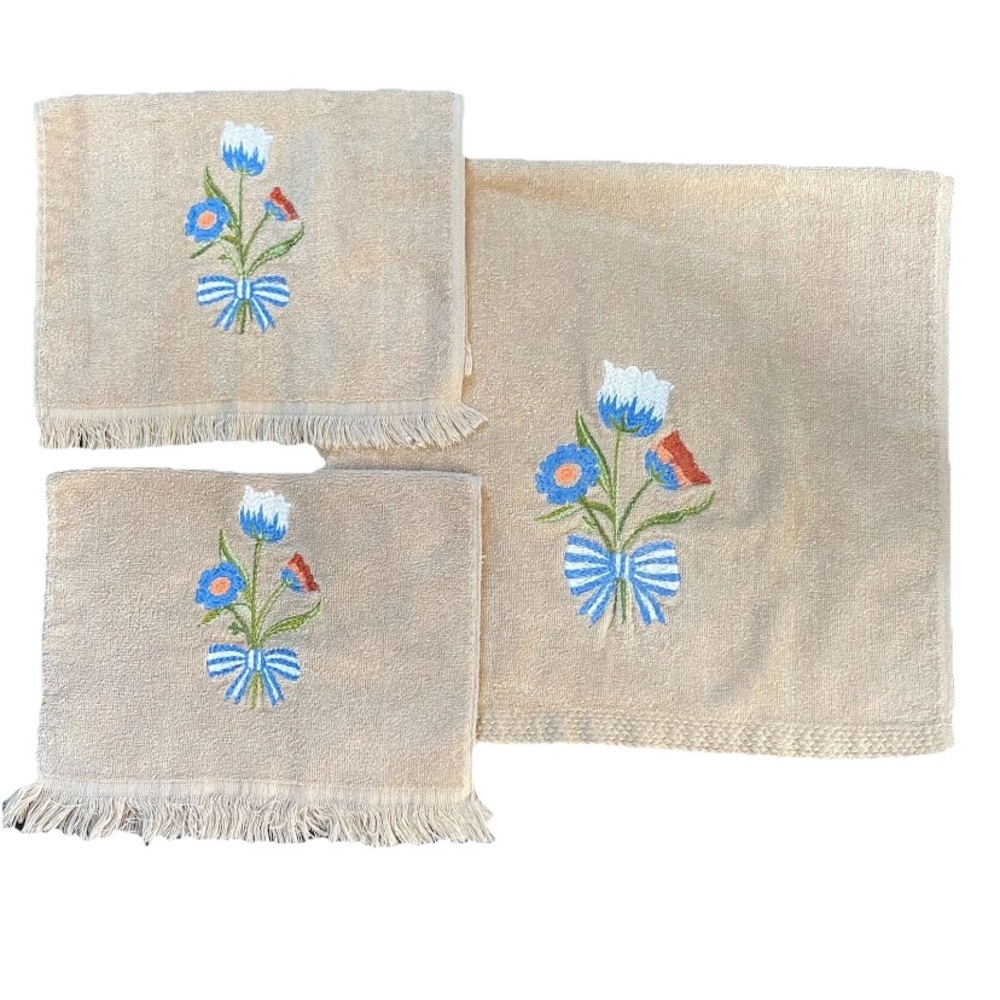 The Avanti Look Embroidered Floral Hand Towel & Fingertip Towels Tan Blue Orange